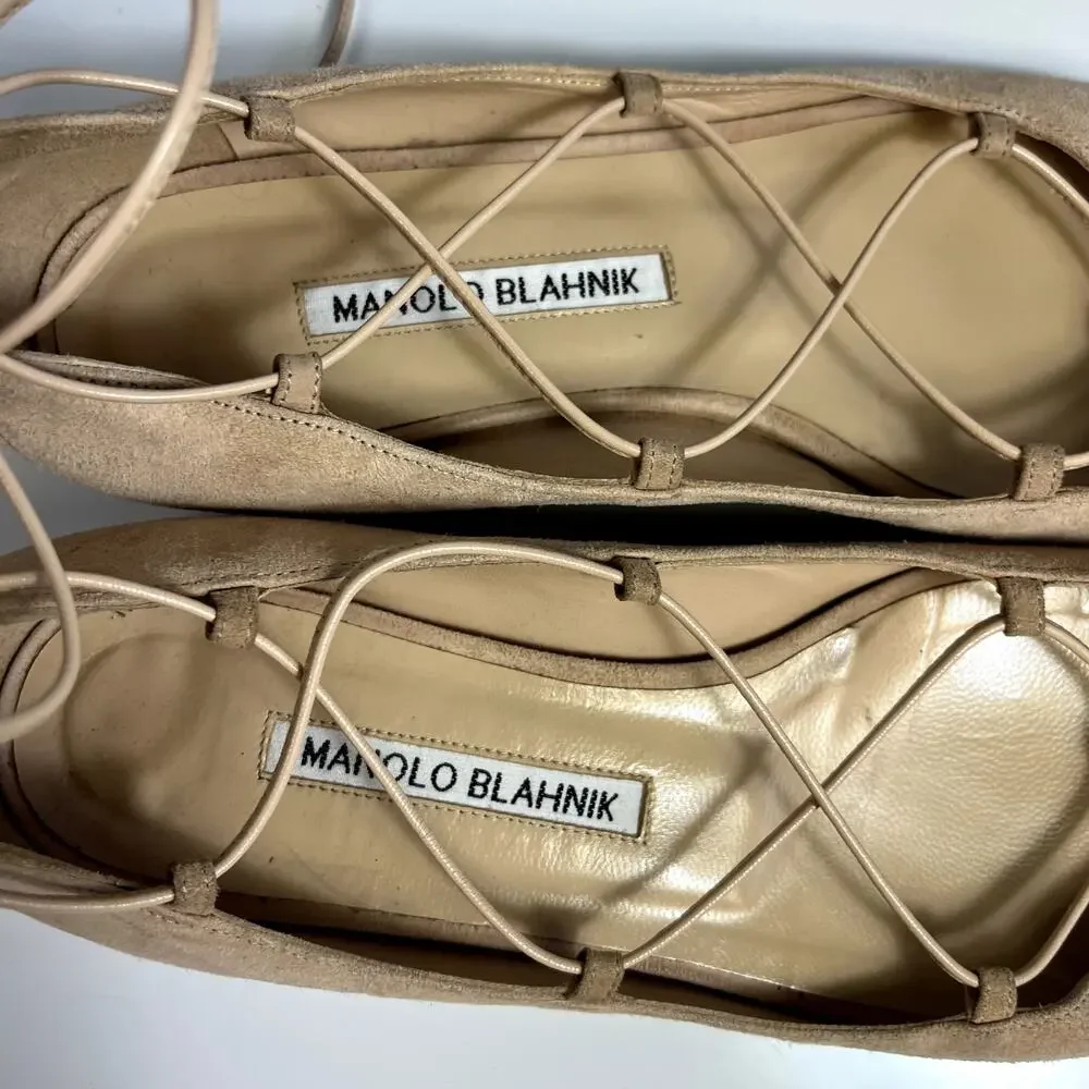 Manolo Blahnik Lace Up Espadrille Flats Peep Toe Suede Nude Size 6 / 36.5 Italy